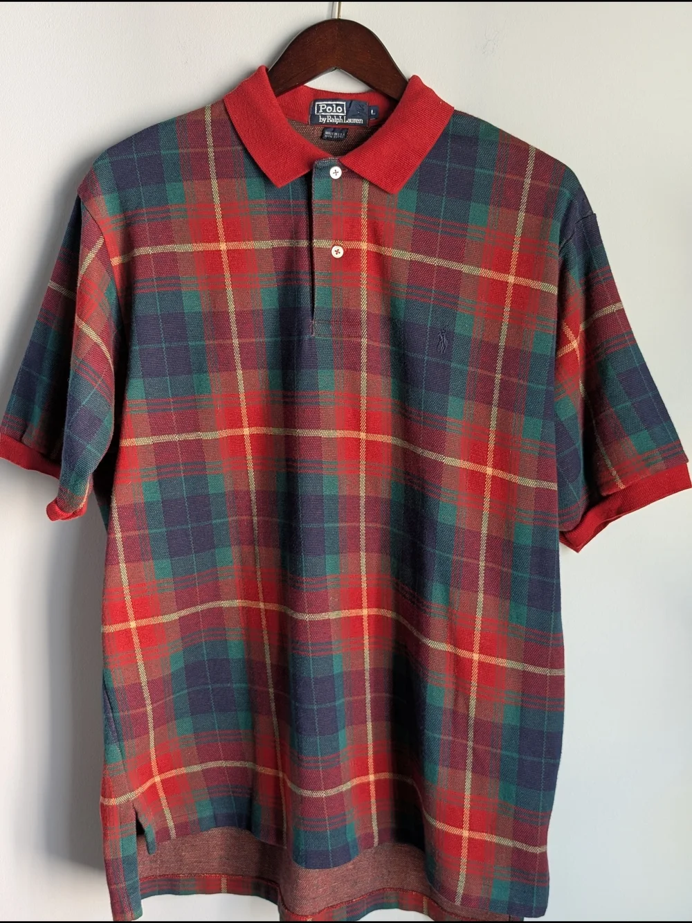 VTG Polo Ralph Lauren Men's Polo Sz Large Red Tartan Plaid Made In The USA 90's